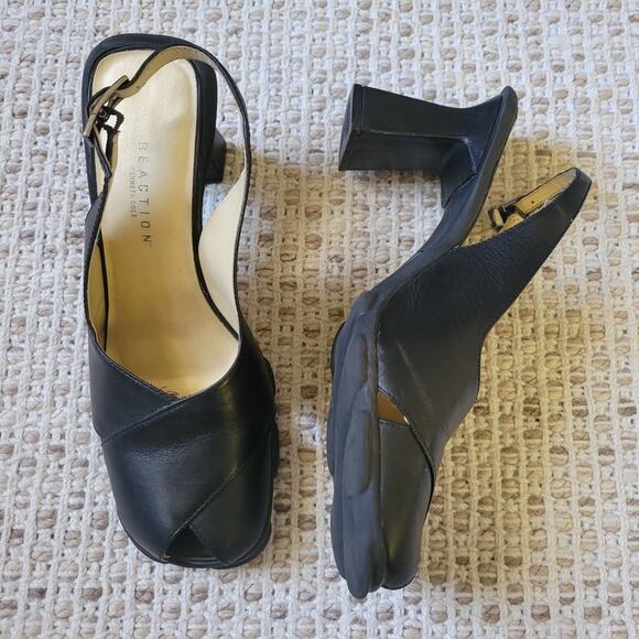 Y2K Vintage Womens 7 Black Leather Slingback Heels Chunky Sole Peep Toe - Picture 2 of 7